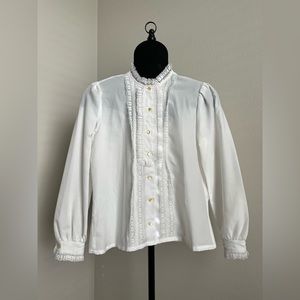 Vintage Long Sleeve Ruffle Lace Blouse Button White Size Medium Prairie Romantic